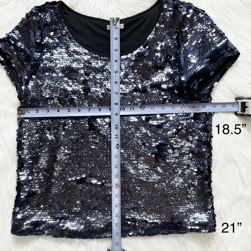 SOLD-Anthropologie Blue Jewel Tone Sequin Short Sleeve Blouse Tee - Picture 11 of 11